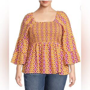 Terra‎ & Sky Women 2X Plus Size Bell Sleeve Smock Top Square Neck Popover